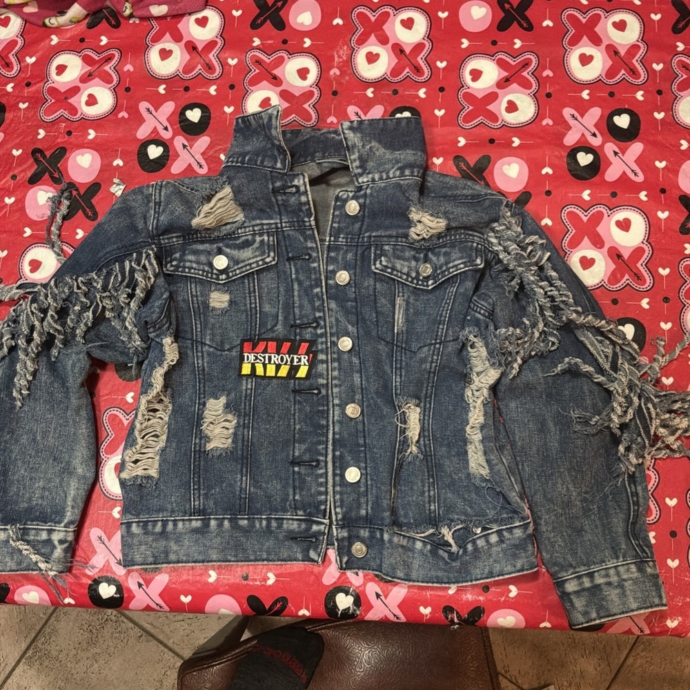 Thrill Kiss Battle Denim Fringe Stressed  Jacket W Sz Small‎ Fringe Retro Grunge